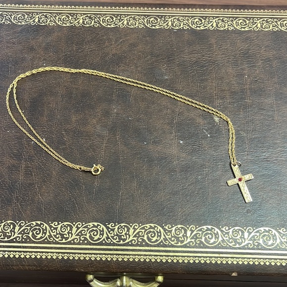 Vintage W. Germany Gold Tone Cross Pendant on Gold Overlay Chain - Picture 6 of 6